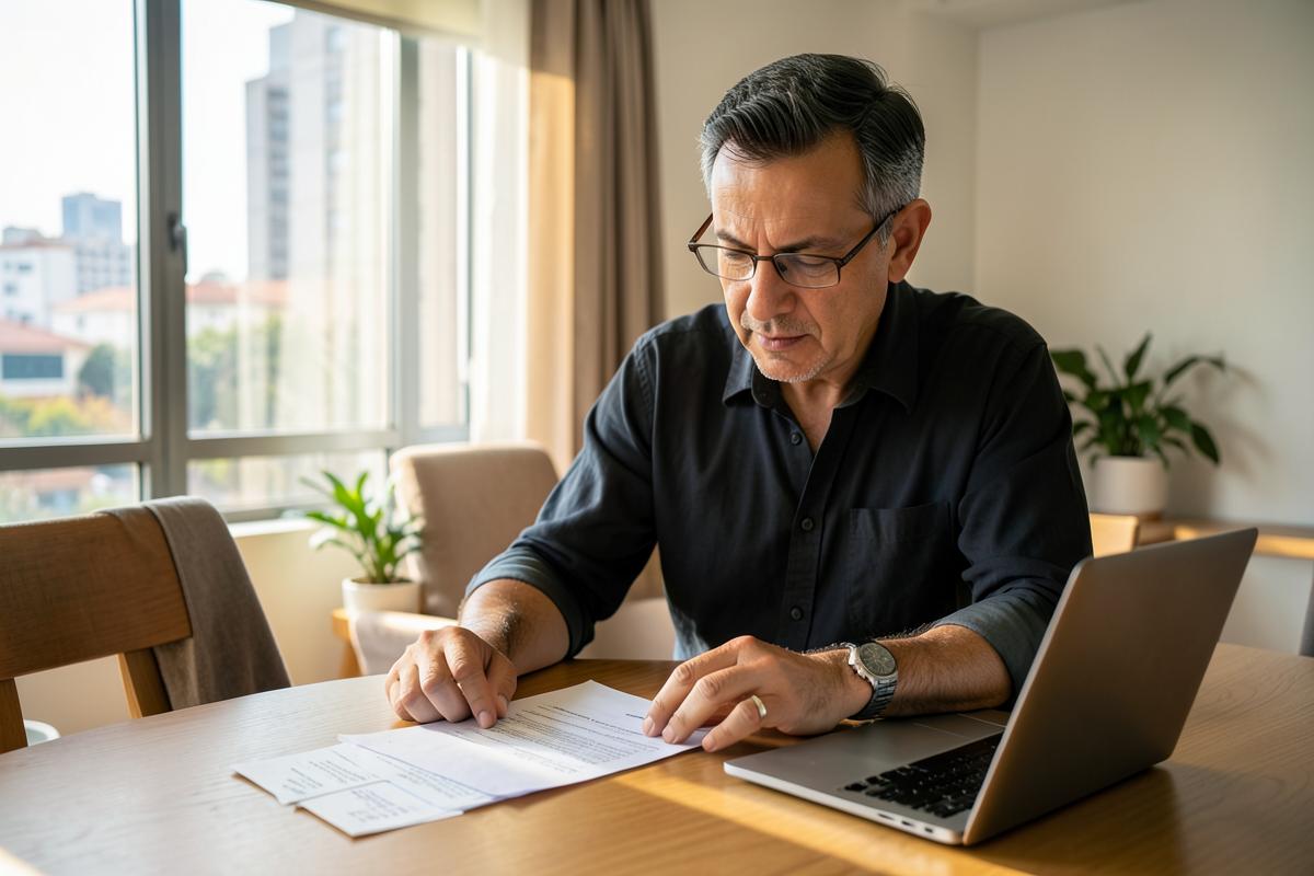Propietario revisando un contrato de arrendamiento y pagos pendientes en Colombia