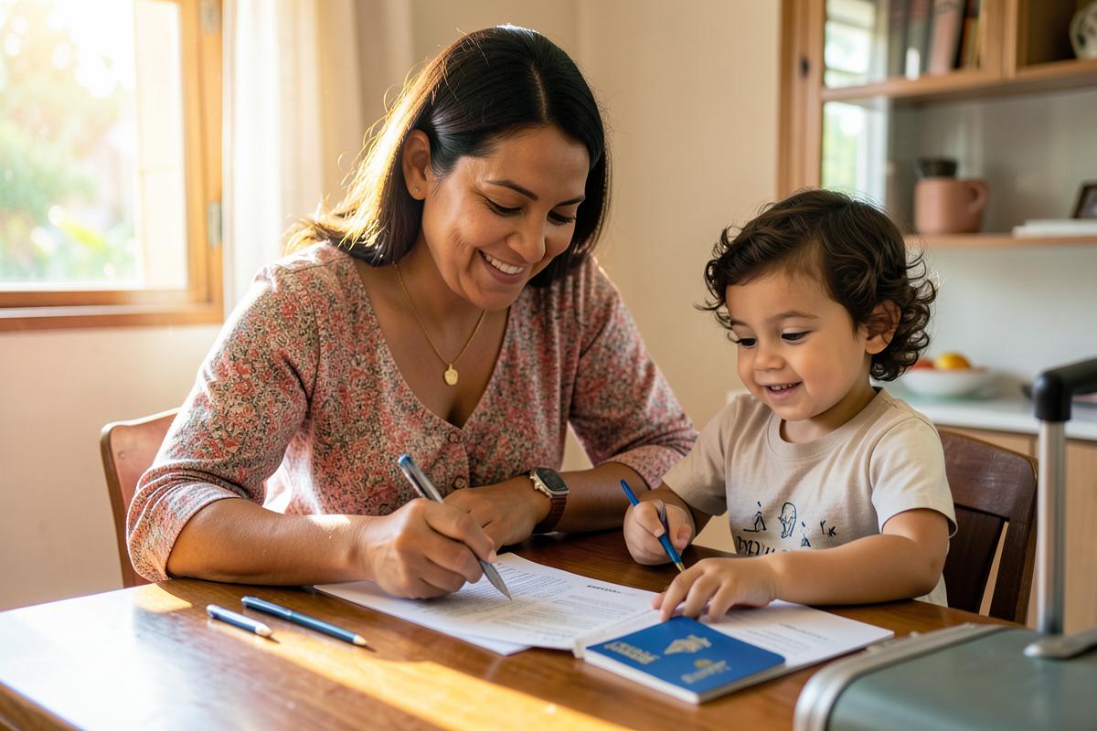 Madre colombiana preparando documentos para viajar al exterior con un menor