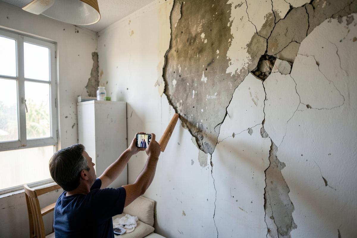 Persona documentando daños graves en una vivienda arrendada en Colombia